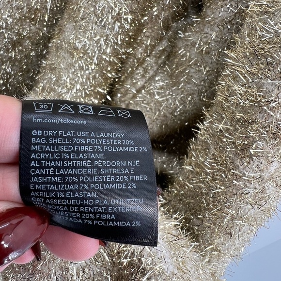 H&M Fuzzy Sparkly Glittery Textured Wide Sleeve Slouchy Cardigan In Beige Gold - Picture 7 of 8